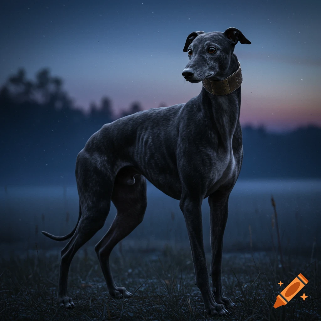 A dark grey greyhound with a brass collar stands in a misty field at twilight, under a deep blue, starry sky. Photorealistic style.