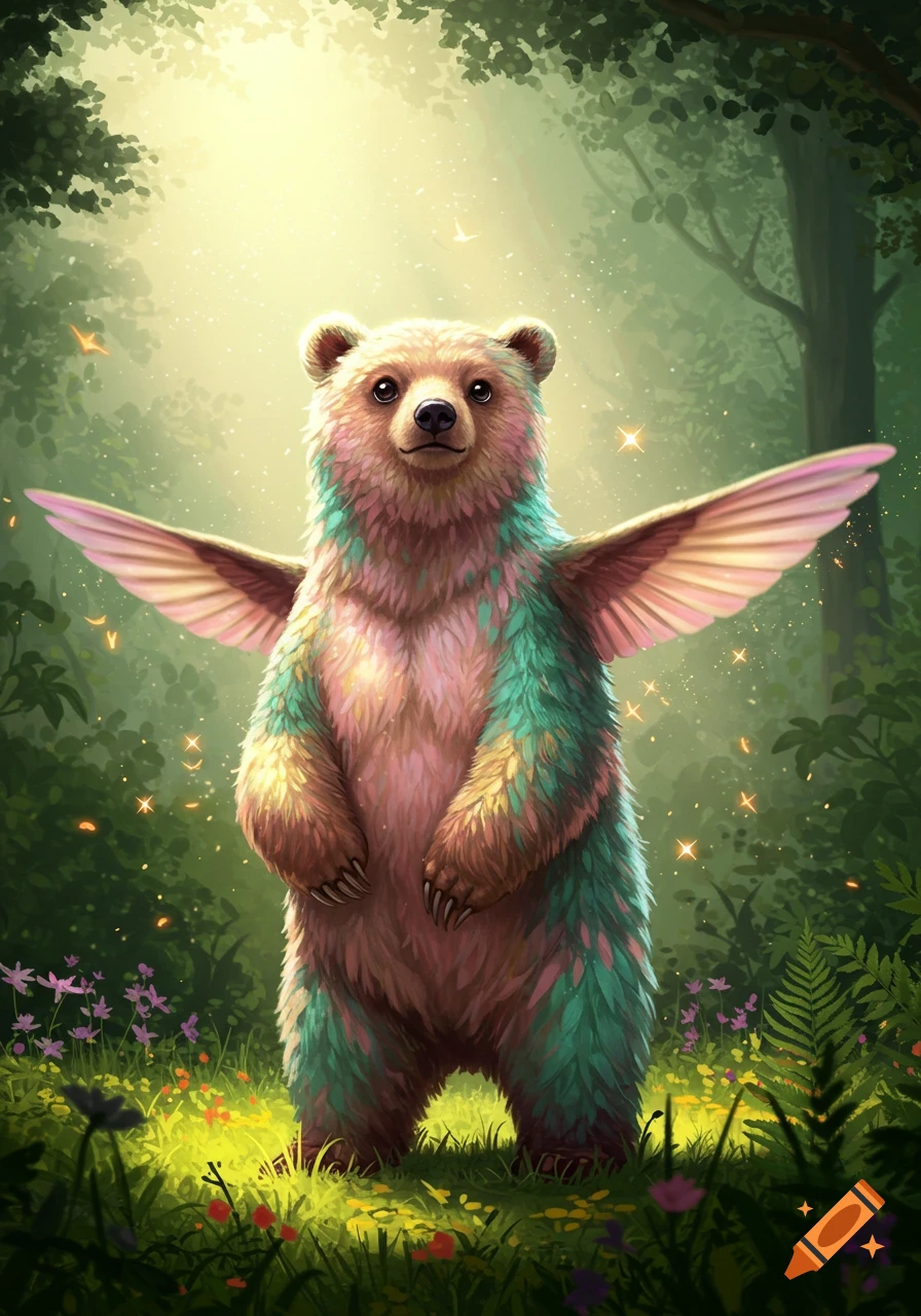 A whimsical, colorful winged bear stands in a magical, sunlit forest.