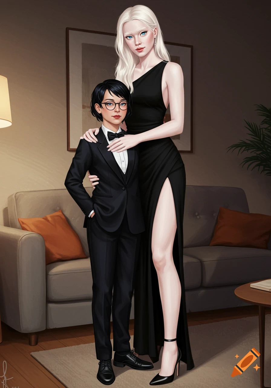 Digital illustration of a tall albino woman in a black dress with a leg slit and her girlfriend in a black tuxedo, standing in a living room.