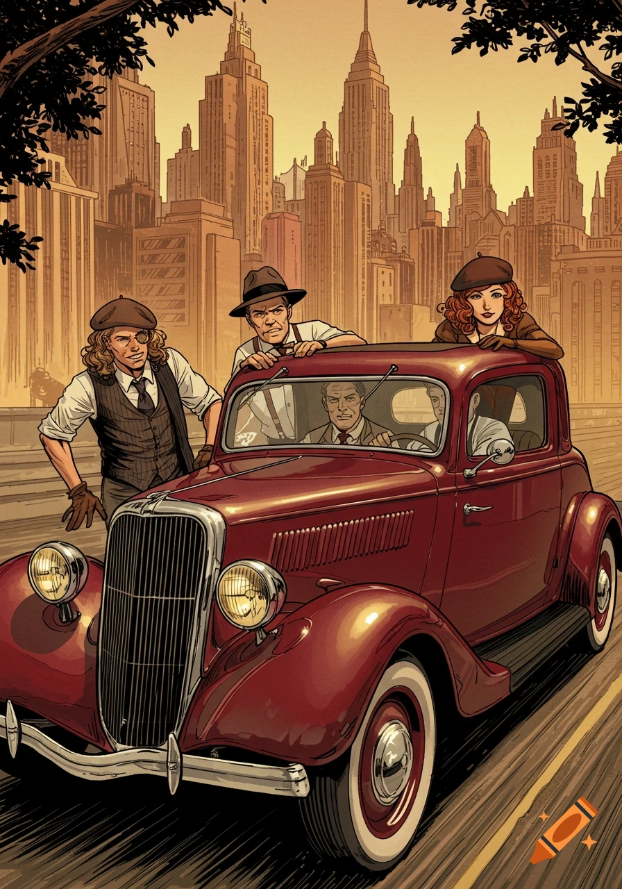 Comic book illustration of three men and a woman in 1930s attire with a vintage red car in front of a city skyline at sunset.
