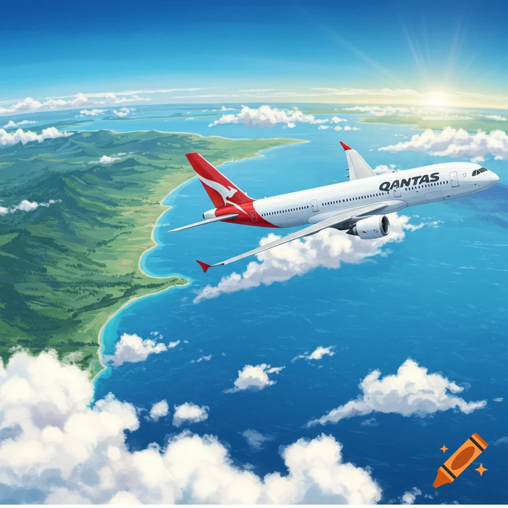 An illustrated Qantas airplane flies over a clear blue ocean and green coastlines under a bright sunny sky with clouds.