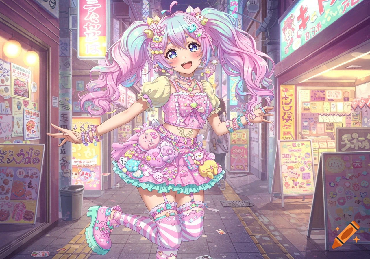 A vibrant anime girl with pastel pink and blue hair in Decora fashion stands on a colorful city street.