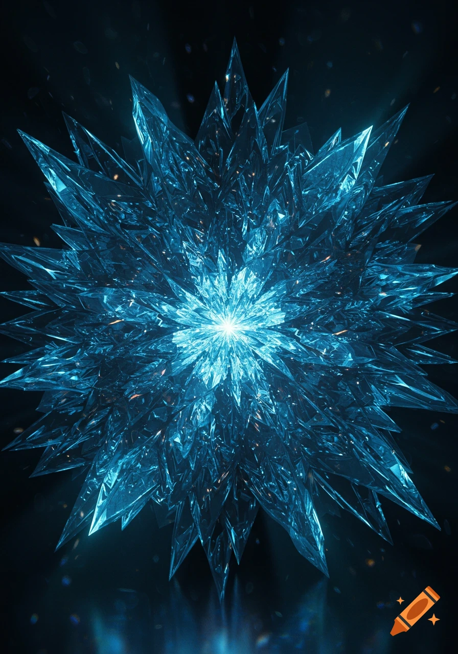 A radiant, multifaceted blue crystal formation glows brightly against a dark background.