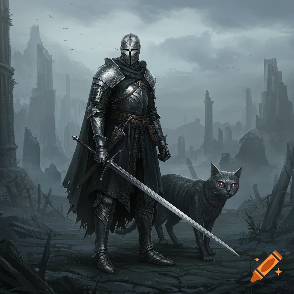 A knight in dark armor holding a longsword stands beside a black cat with red eyes in a ruined fantasy city.