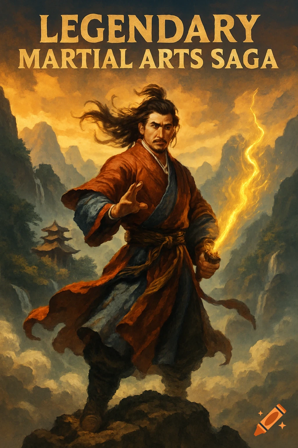 A stylized painting of a martial artist with long hair and a glowing sword on a mountain, with the title "LEGENDARY MARTIAL ARTS SAGA".