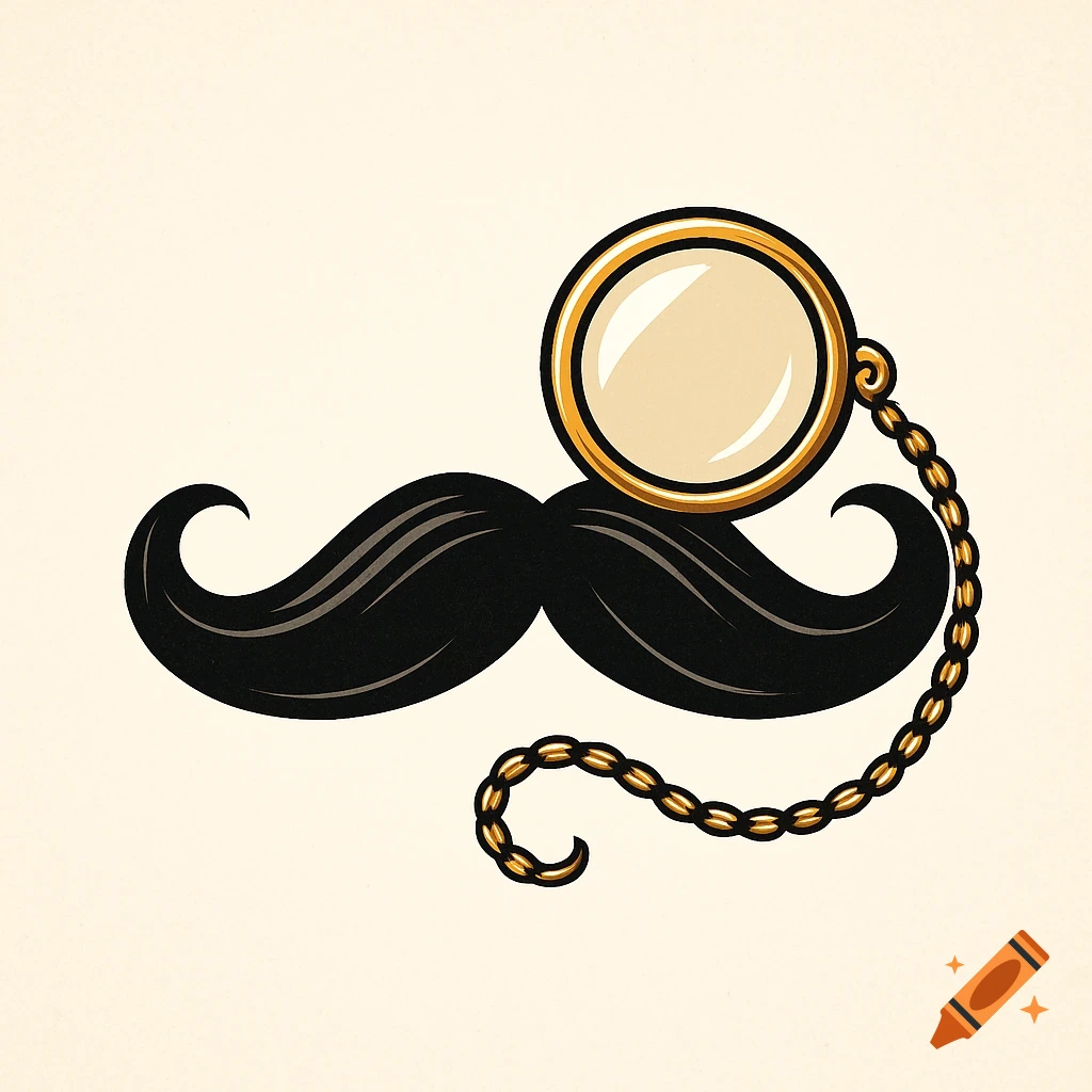 A black mustache with curled ends and a gold-rimmed monocle attached by a gold chain, on a beige background.