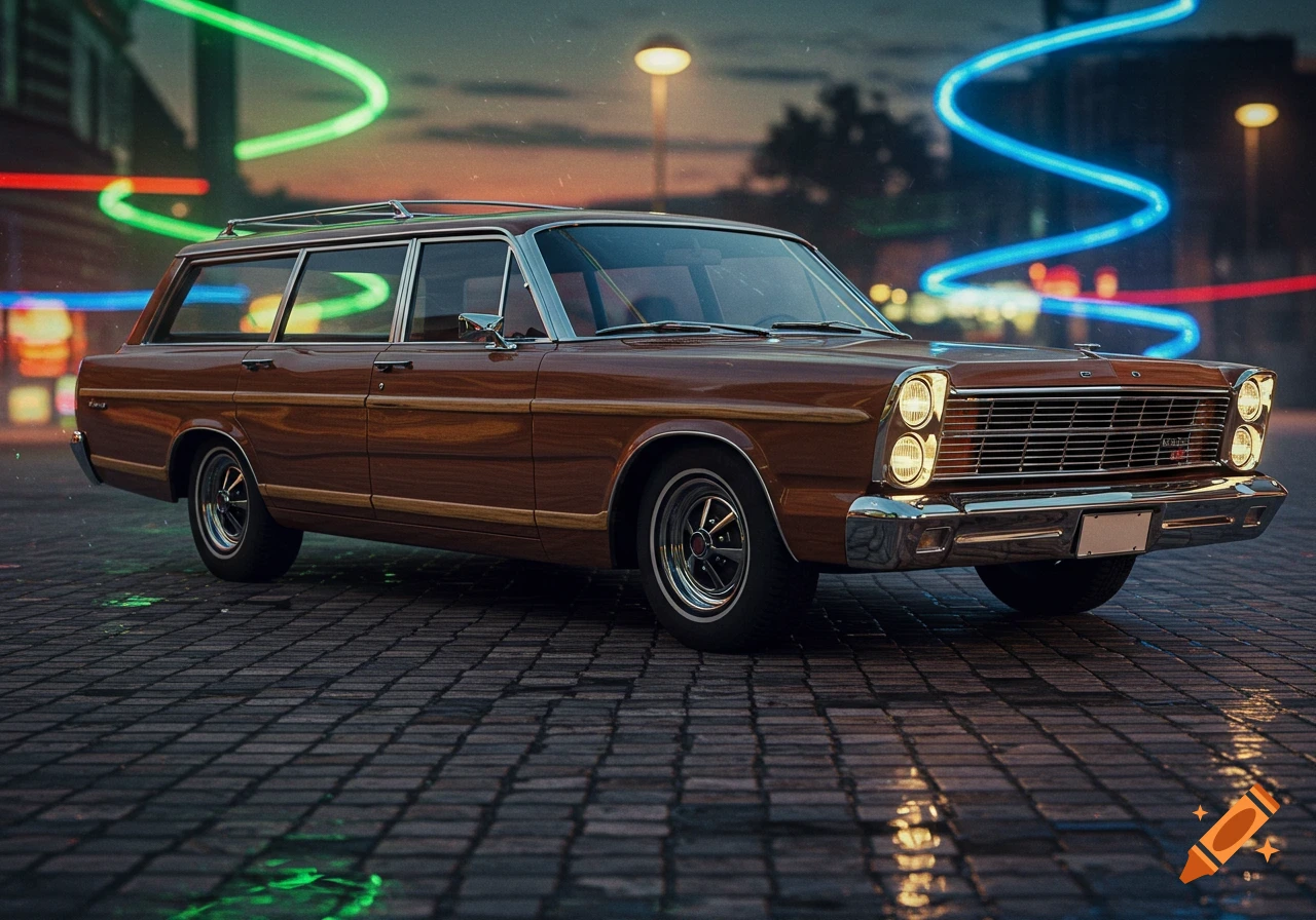 Vintage brown Ford Country Squire station wagon on a wet cobblestone street at night, with neon lights in the background.