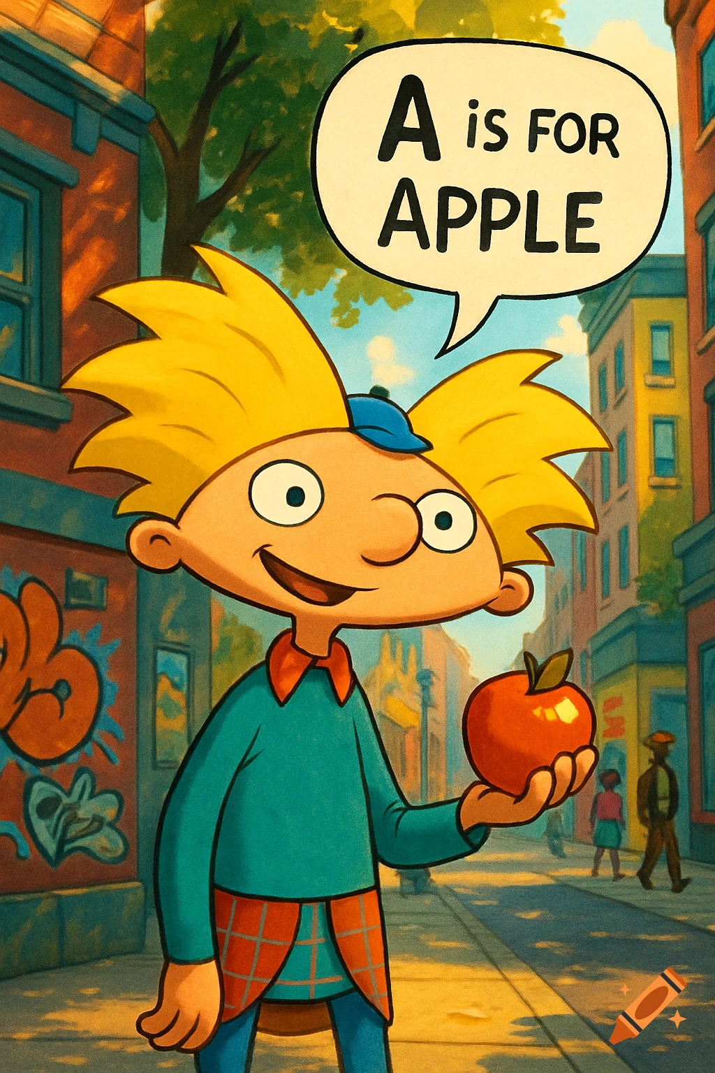 Cartoon character Arnold from Hey Arnold holding a red apple with a speech bubble that says 'A is for APPLE', on a city street.