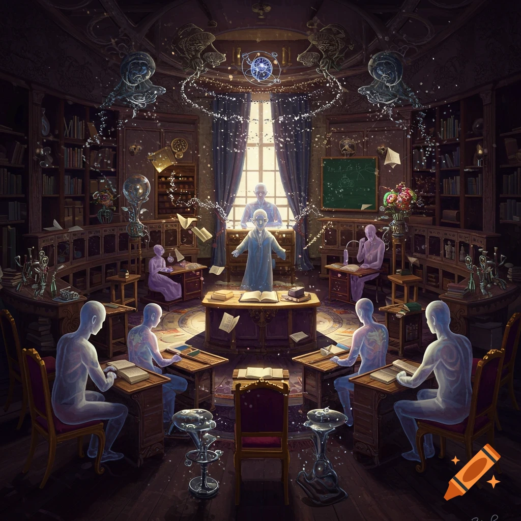 A surreal classroom scene where ethereal, glowing figures in a dark, richly detailed library study or listen to a central teacher.