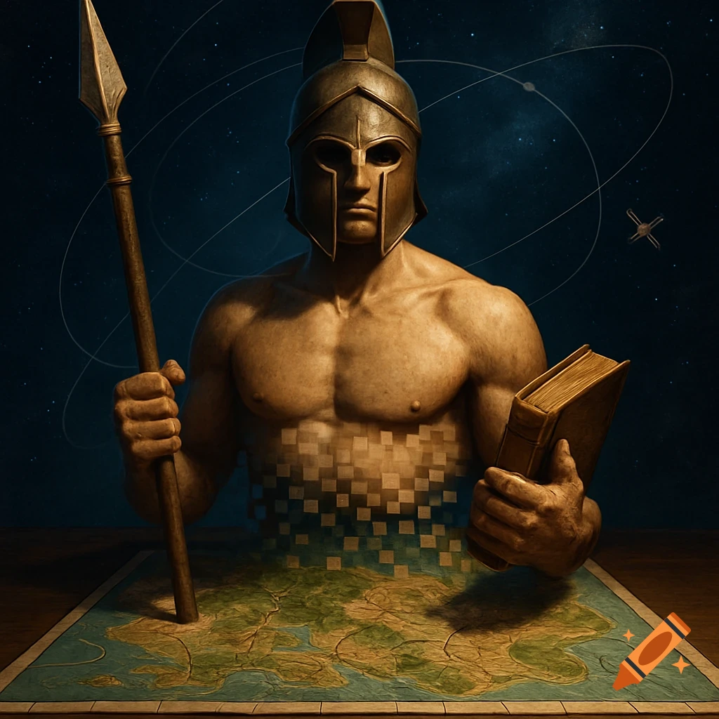 Cinematic digital art: Ancient Greek warrior torso emerges from a map, holding spear and book, against a starry space background.
