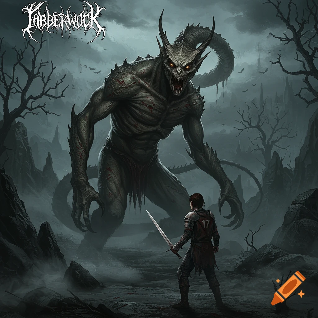 A lone warrior with a sword faces a giant, monstrous, humanoid-dragon hybrid in a bleak, foggy landscape, like a death metal album cover.