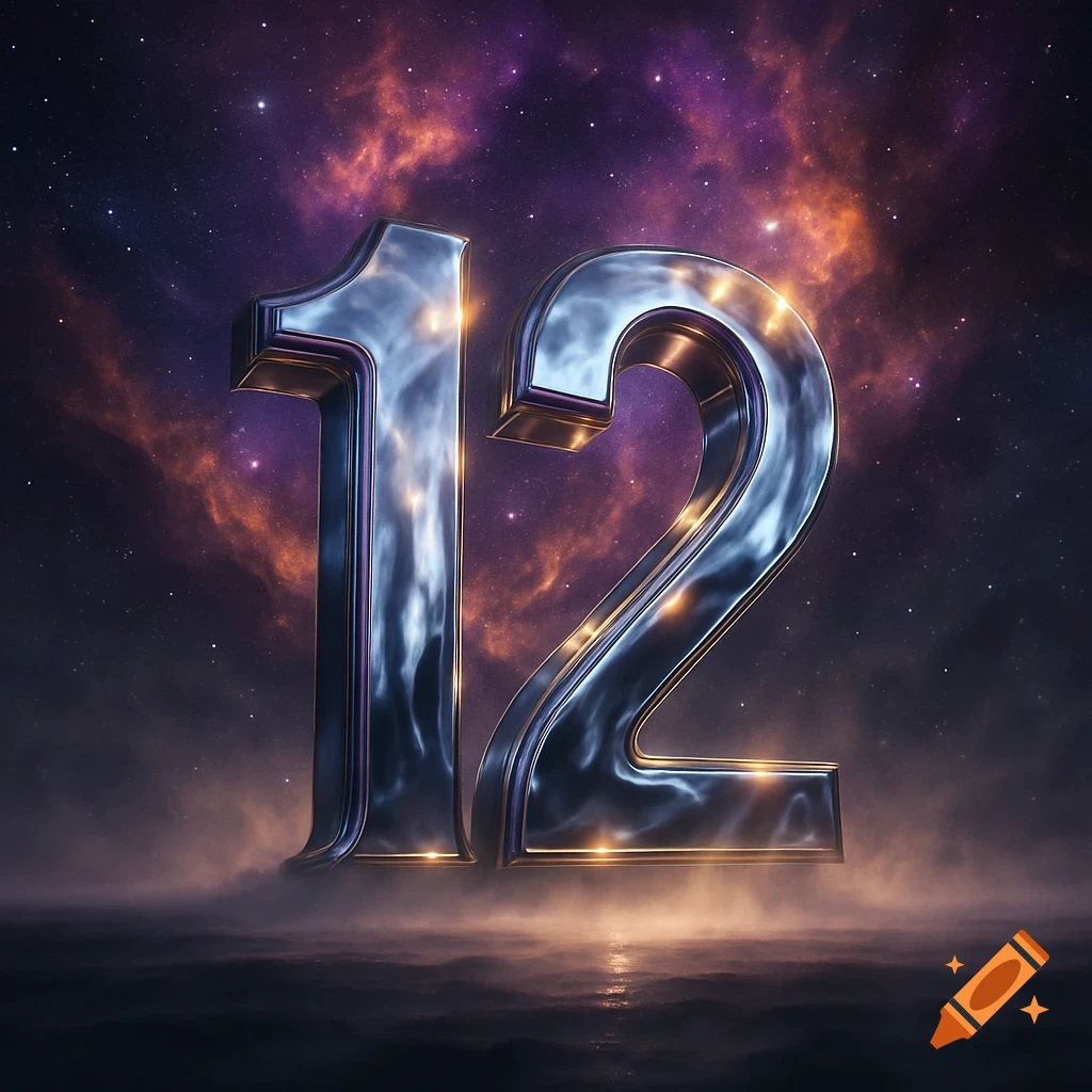 Shiny metallic number 12 floating in a vibrant nebula and star-filled cosmic space.