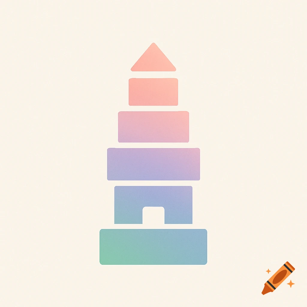 Minimalist geometric tower made of stacked rectangular blocks with pastel gradient colors.