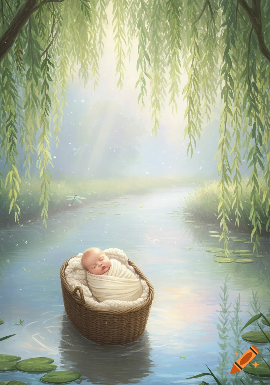 A serene, illustrative image of a sleeping baby swaddled in a basket, floating gently on a river surrounded by weeping willow branches and dragonflies.