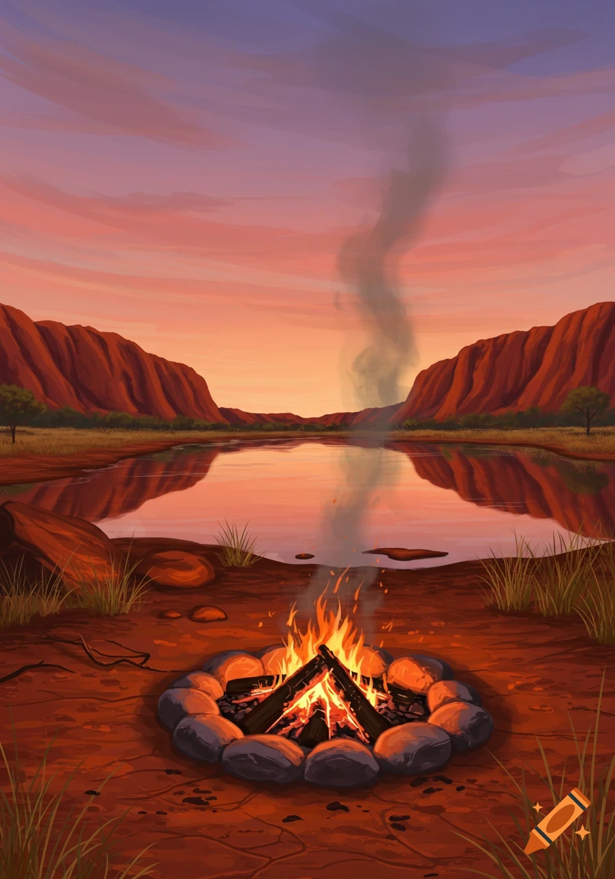 Stylized illustration of a campfire by a calm lake, reflecting orange sunset sky and red rock cliffs in an arid landscape.