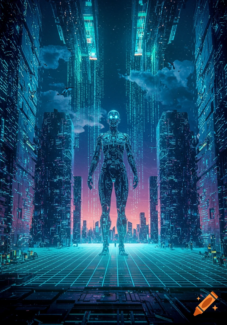 A towering humanoid robot with glowing eyes stands on a grid-patterned platform in a futuristic city, with digital code streams falling from the sky.