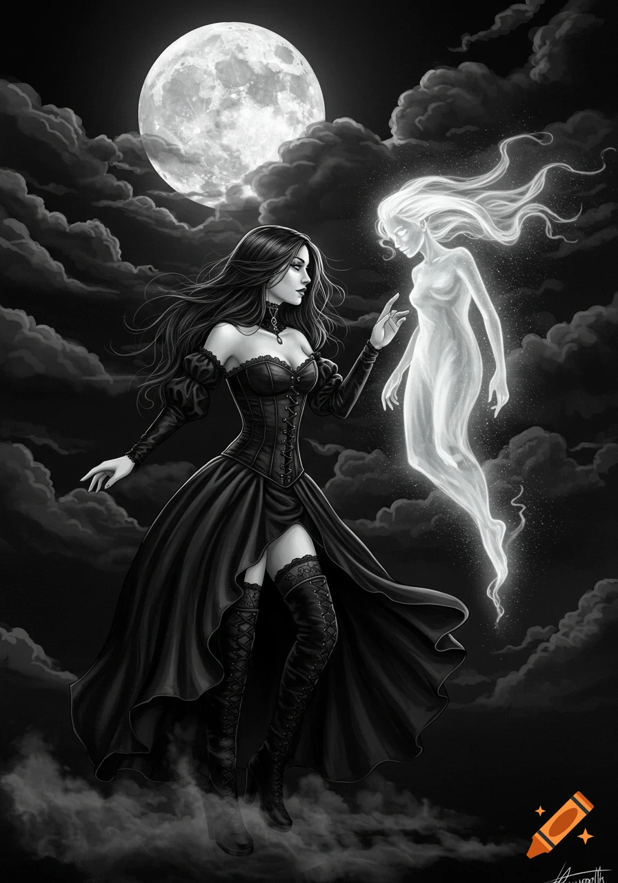 Black and white gothic illustration of a witch reaching toward a glowing ghost under a full moon.
