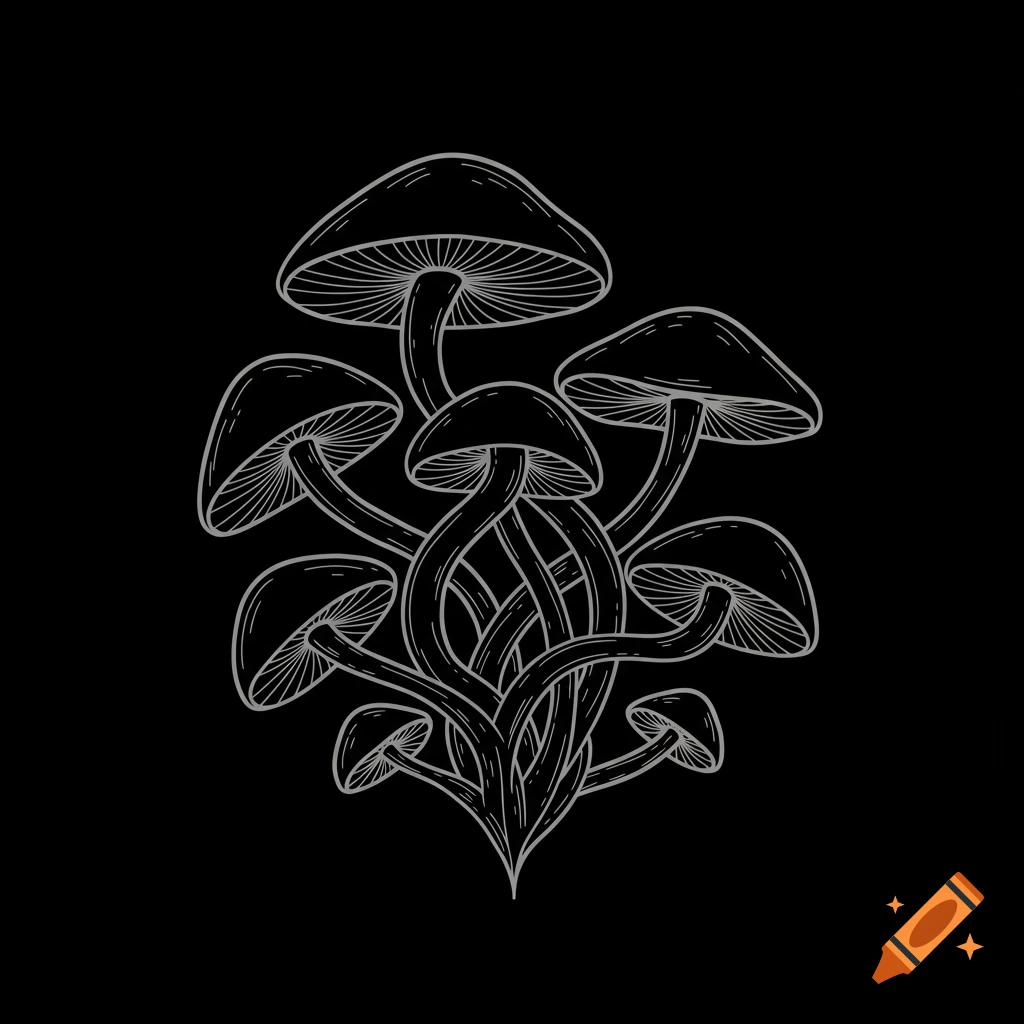 Gothic style illustration of a cluster of mushrooms with intertwined stems, in silver lines on a black background.