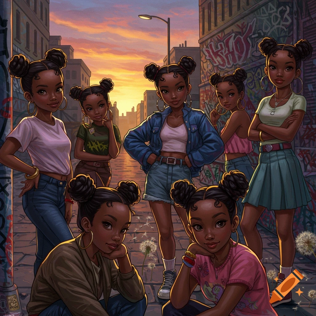 A group of stylized Black girls with two buns posing on a graffiti-filled urban street at sunset.