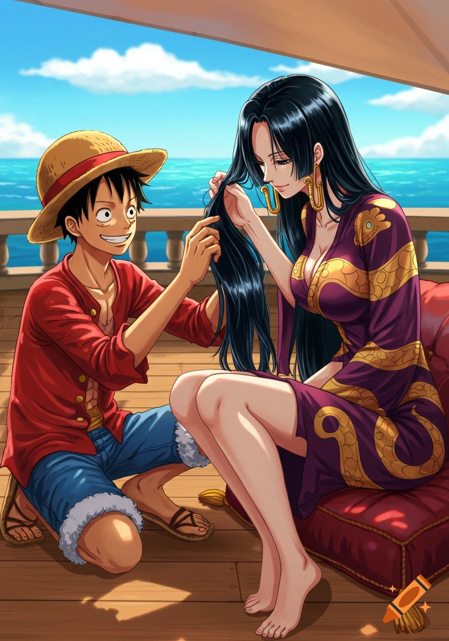 Anime illustration of Luffy brushing Boa Hancock's long black hair on a ship's deck.