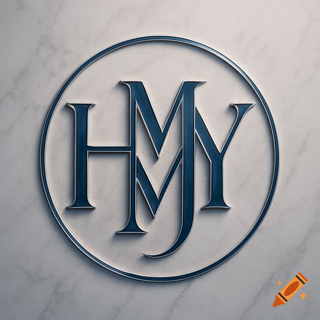 Metallic blue monogram HMY in a circle on a white marble background.