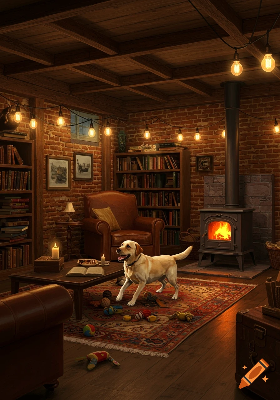 A yellow Labrador dog stands in a cozy, rustic basement room with brick walls, bookshelves, a leather chair, a lit fireplace, and string lights.