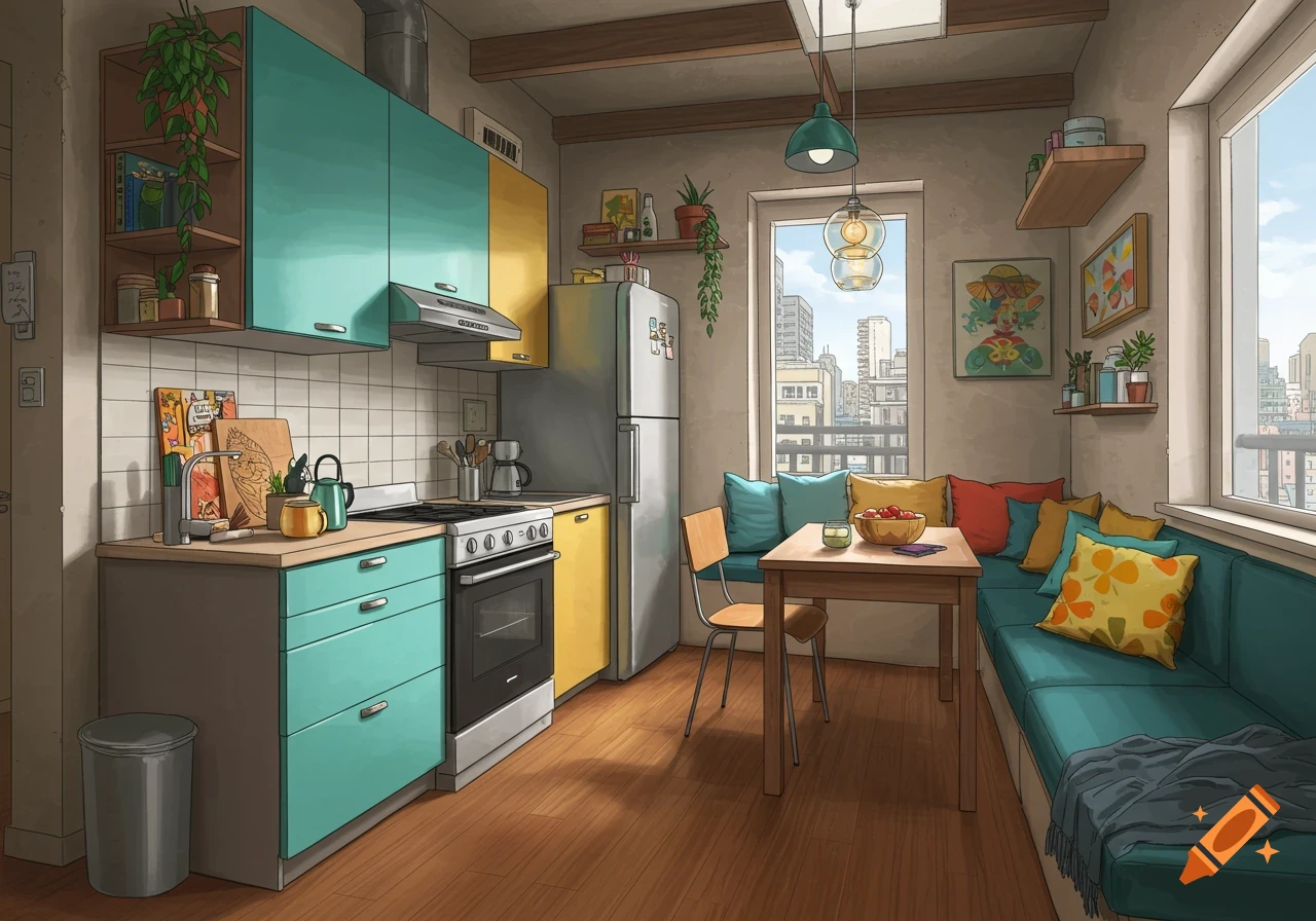 A colorful, compact one-room flat with a kitchen area on the left and a cozy dining nook with a built-in bench and pillows on the right, featuring large windows overlooking a city skyline. The kitchen has teal and yellow cabinets, and the floor is hardwood. The style is illustrative.