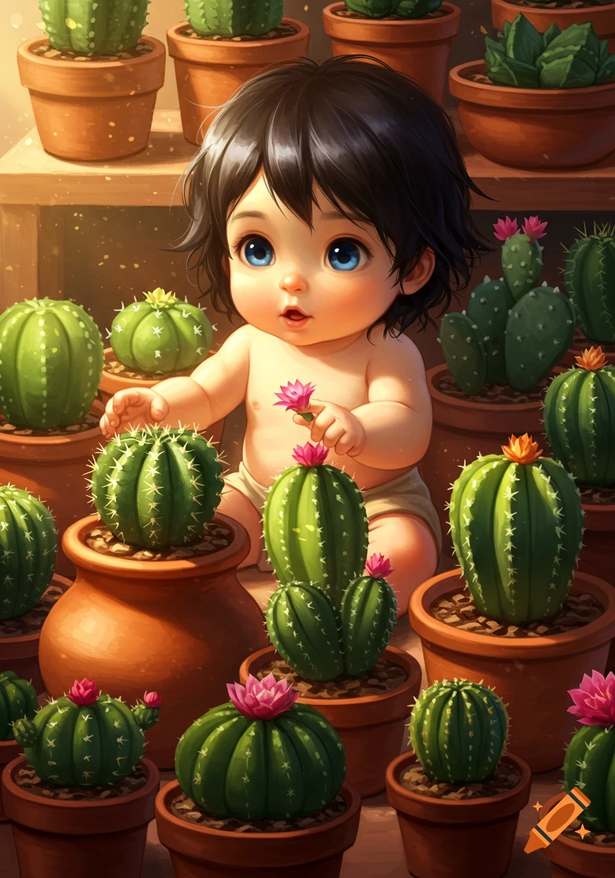 A cute, dark-haired baby with big blue eyes sits surrounded by potted cacti, holding a pink flower. Illustration.