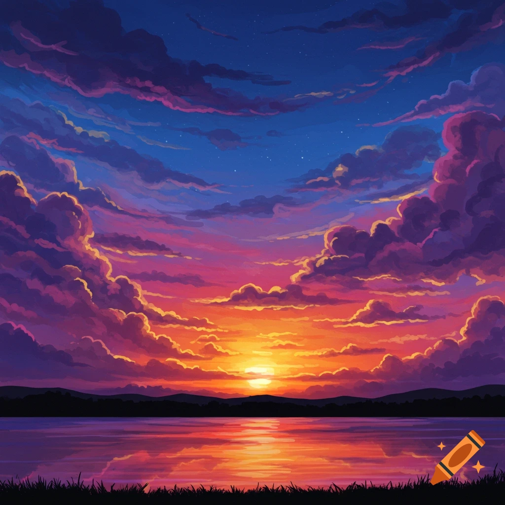 A vibrant, colorful sunset with purple and pink clouds over a calm lake, reflecting the orange sky, in an illustrative style.