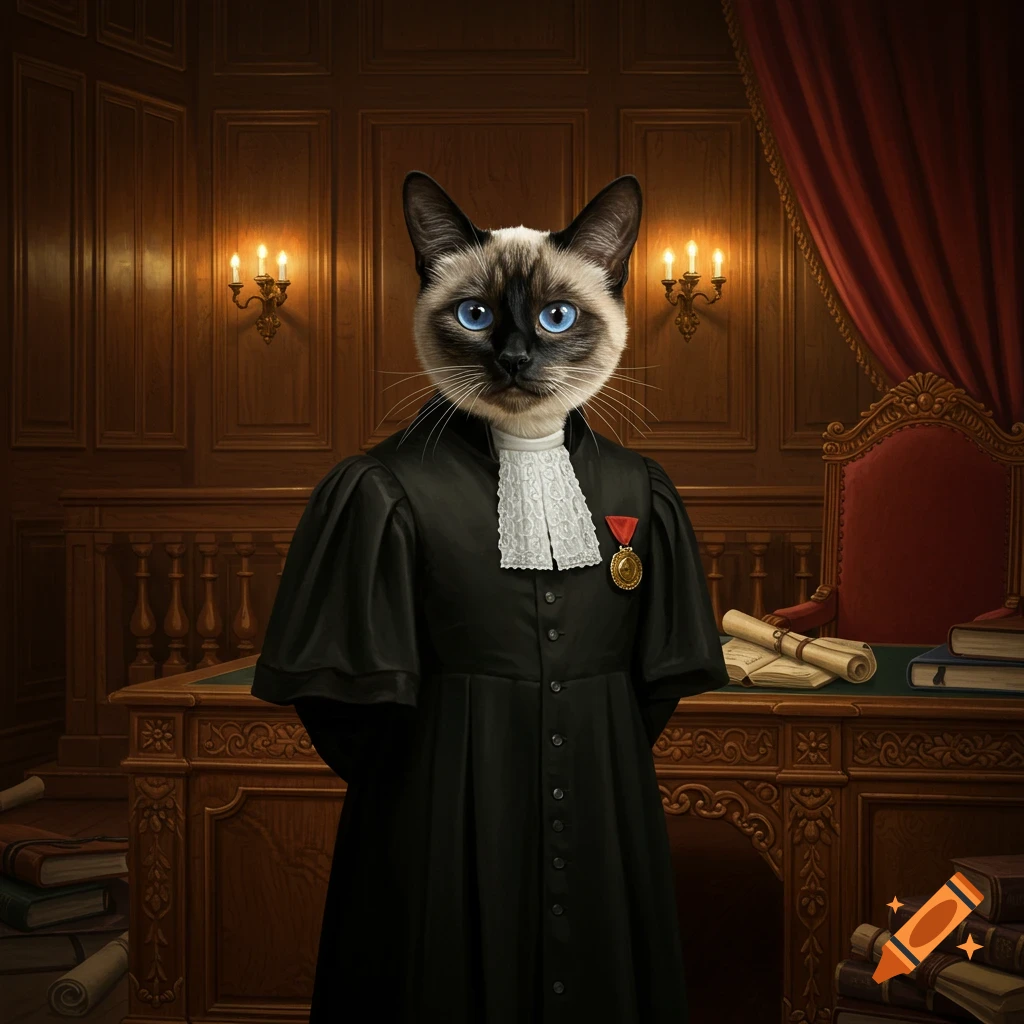 A photorealistic Siamese cat dressed in a black judge's robe with a white jabot and a medal, standing in a wood-paneled courtroom.