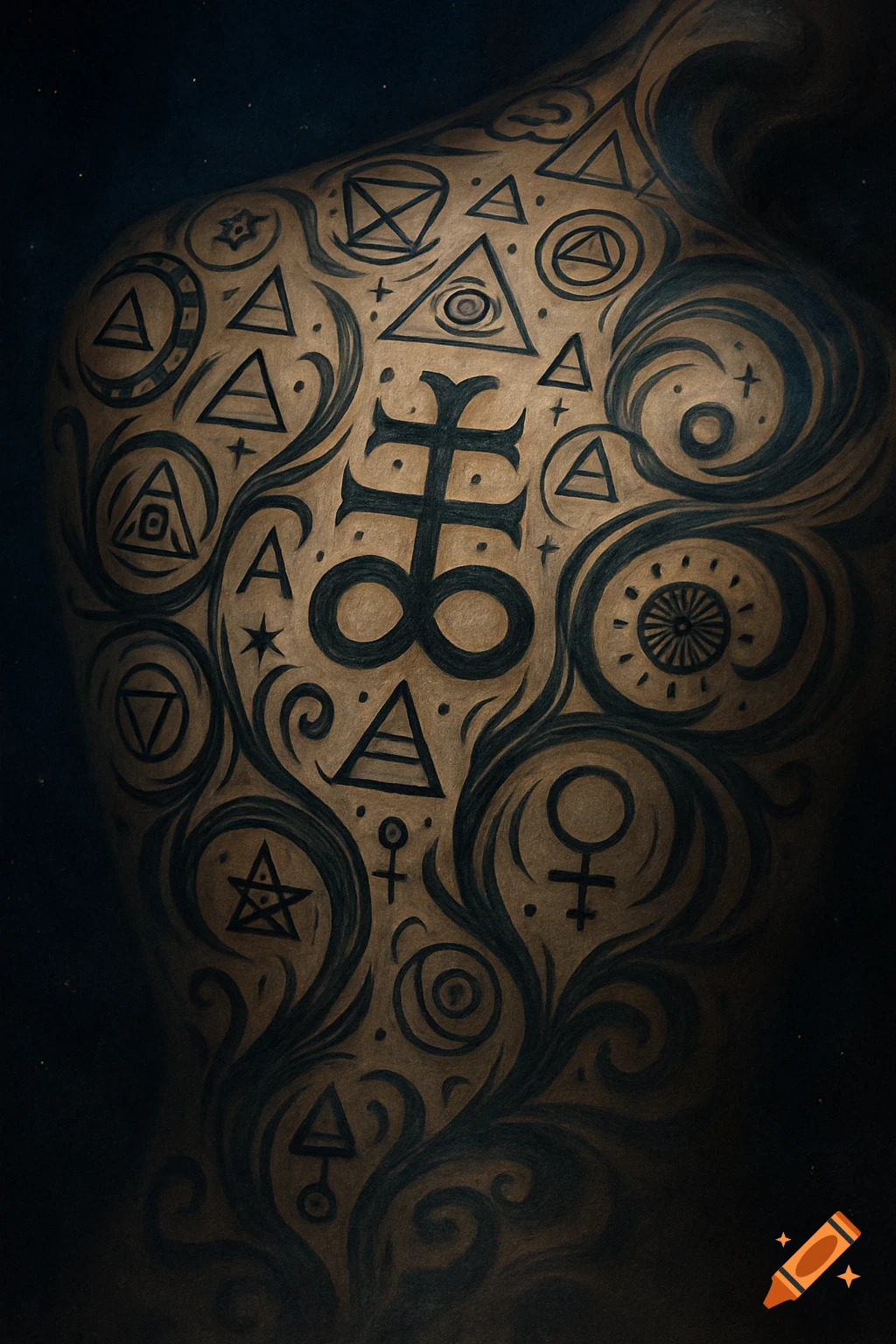 Detailed drawing of a back covered in black alchemical and occult symbols, including a Leviathan Cross, triangles, and swirling patterns.