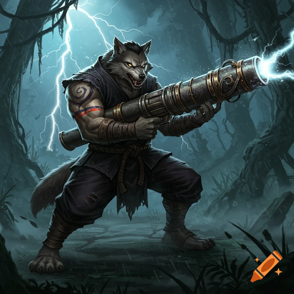 A fierce wolfman in ninja attire wields a glowing bazooka amidst lightning in a dark, stormy swamp, fantasy digital art.
