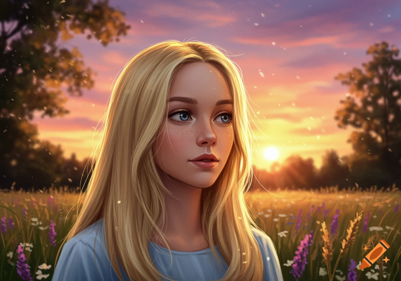 Digital painting of a blonde girl with blue eyes looking up in a golden field at sunset.