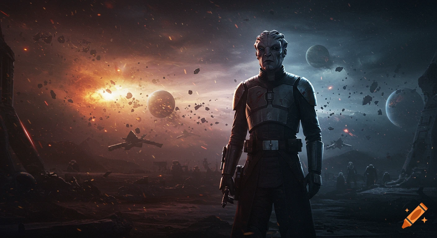 A blue-skinned alien in dark armored suit stands on a war-torn planet with explosions, spaceships, and planets in the sky.