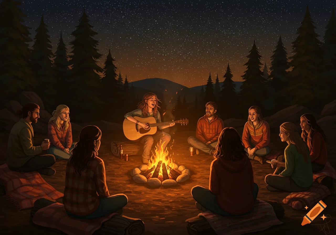 An illustration of a group of friends camping around a glowing bonfire in a dark forest under a starry night sky. One woman plays a guitar and sings.
