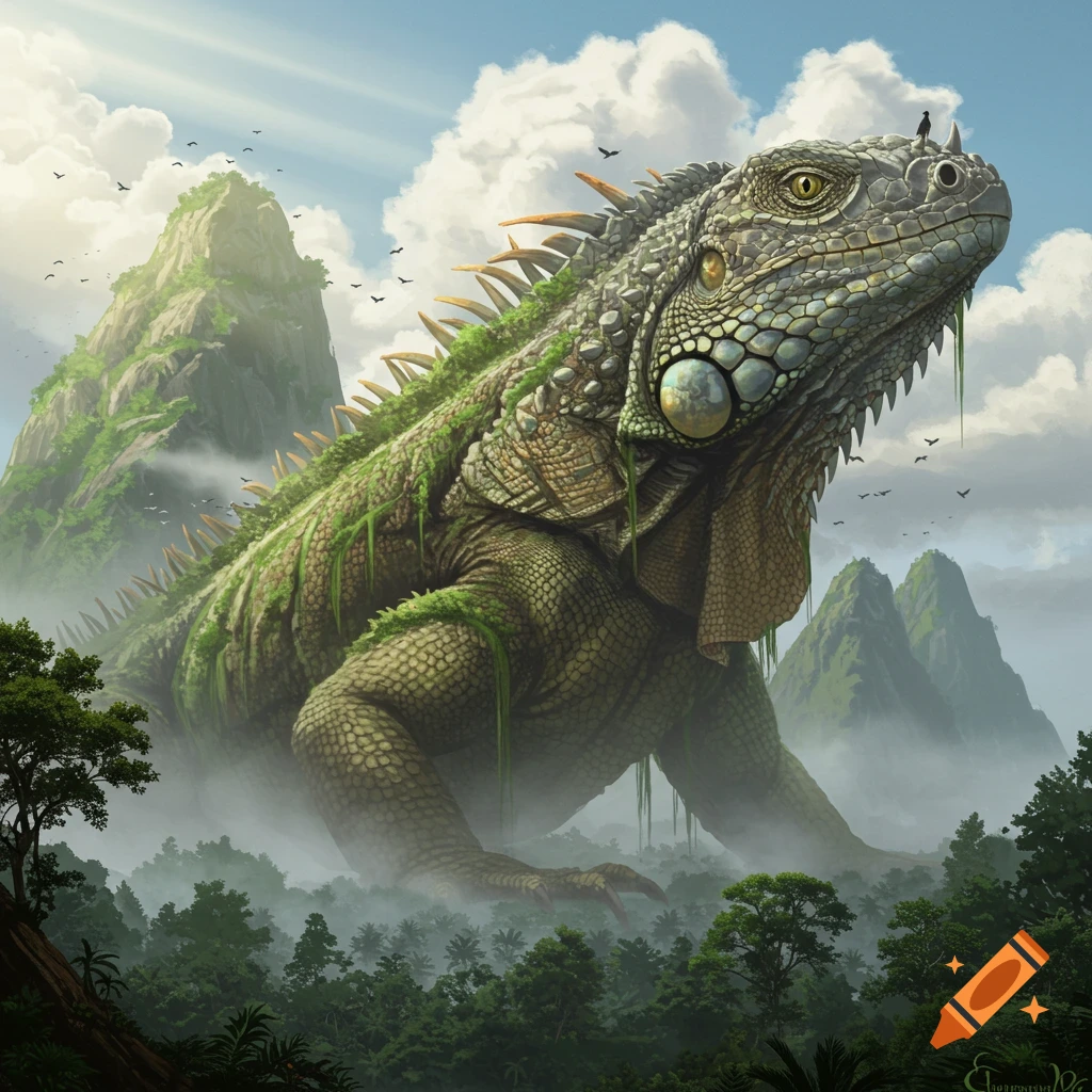 A colossal green iguana-like creature with a rocky, vegetated back towers over a misty jungle valley, surrounded by mountains.