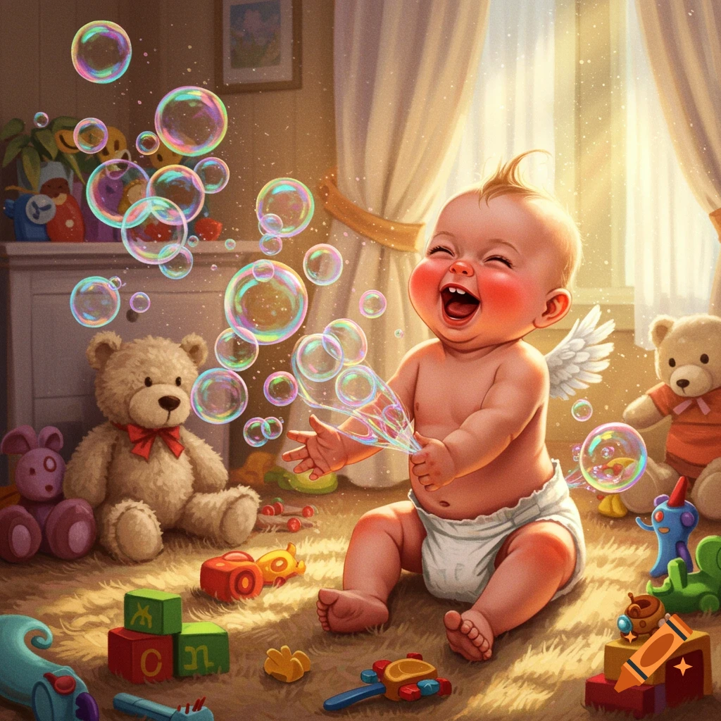 A laughing baby with small wings sits on a rug, surrounded by toys and colorful bubbles, in a sunlit room.