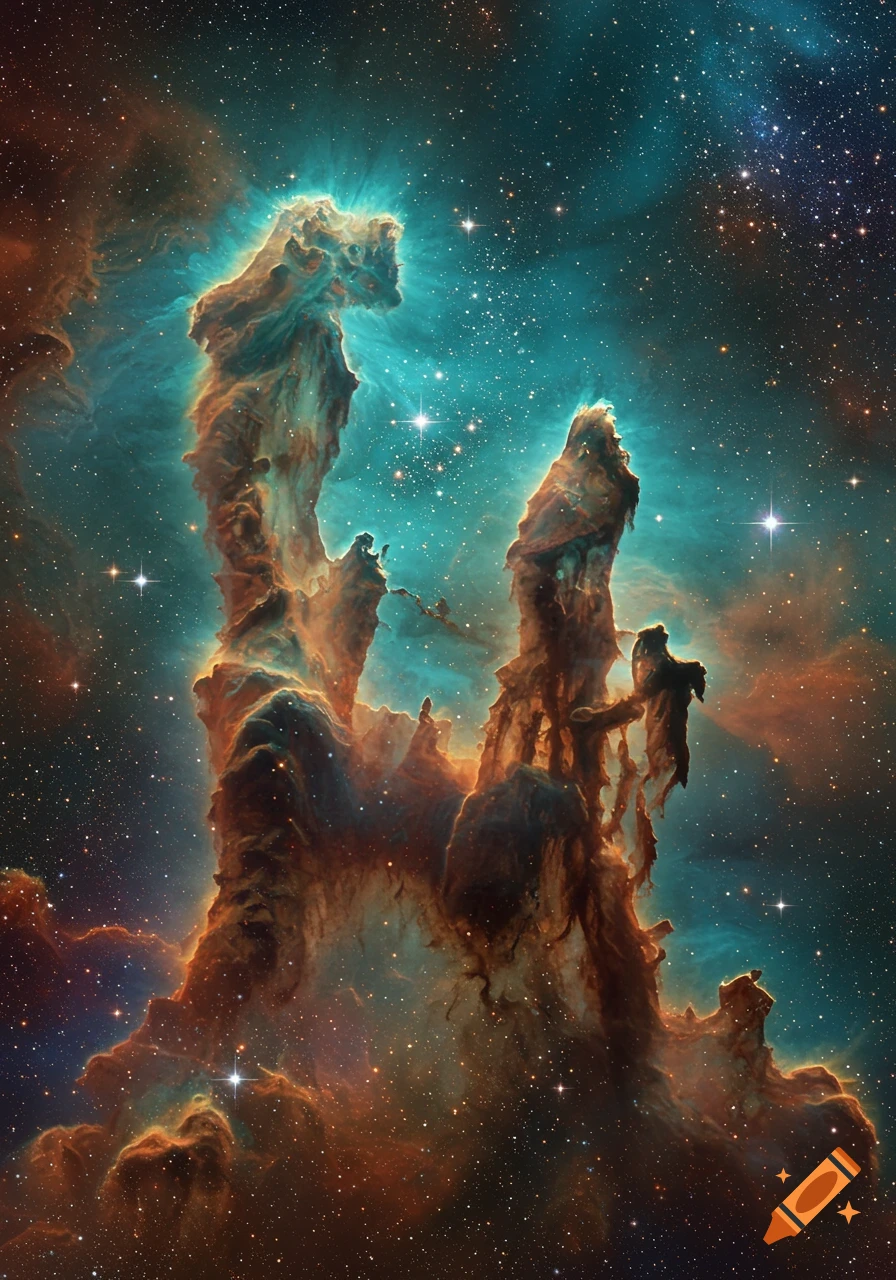 Detailed image of the Pillars of Creation nebula, showing towering cosmic structures in teal and orange gas amidst a starry sky.