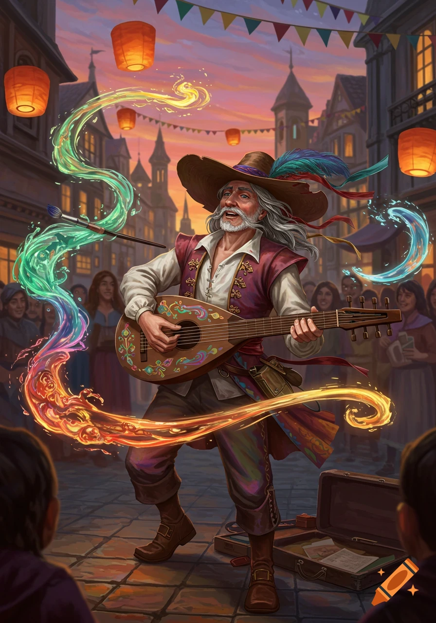 A joyous bard plays a lute, conjuring colorful magic in a festive medieval town square at sunset.