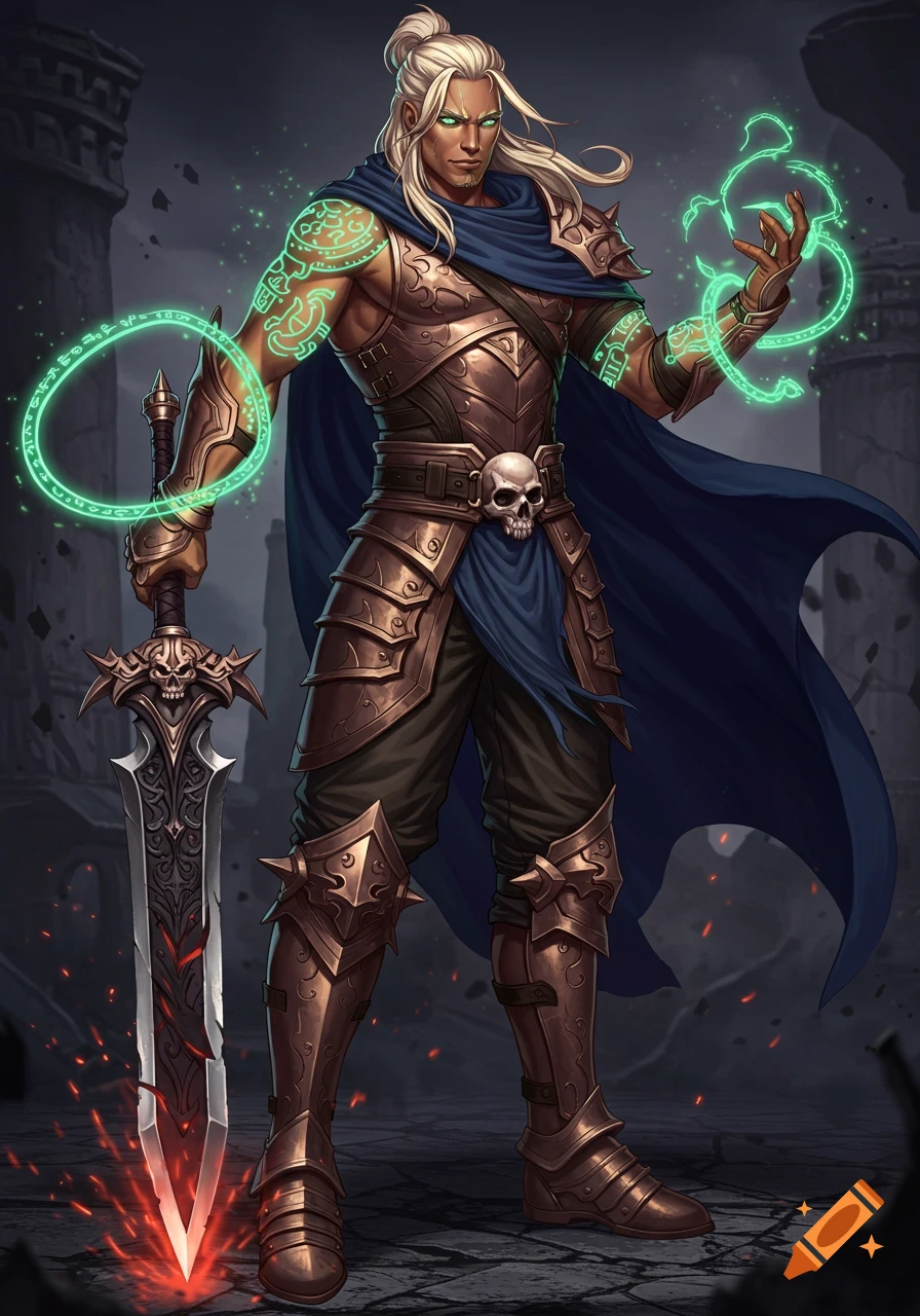 High fantasy anime warrior with blonde hair, green eyes, bronze armor, blue cloak, glowing green magic, and ornate sword.