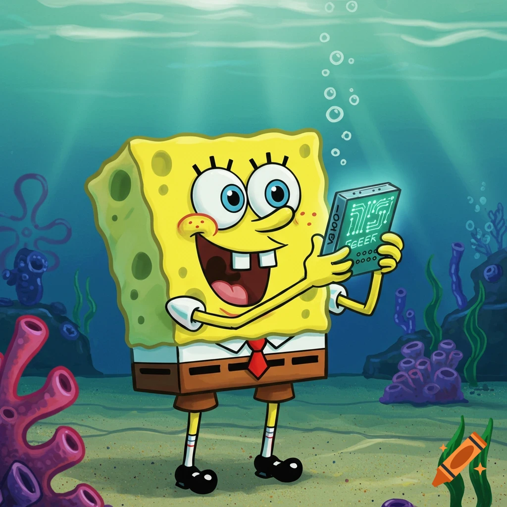 Smiling Spongebob Squarepants holds a glowing green electronic device underwater, in a bright cartoon style.