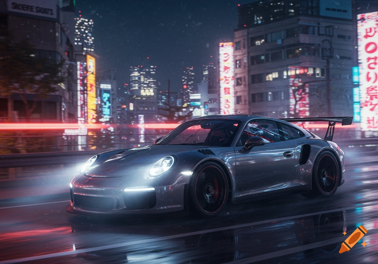 A silver Porsche 911 GT3 speeds down a rain-slicked Tokyo street at night, illuminated by bright neon city lights.