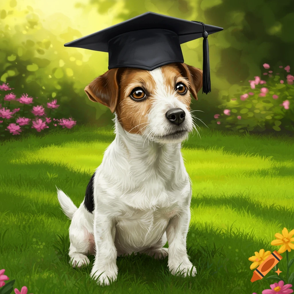 A cute Jack Russell dog wearing a black graduation cap sits in a sunny green garden with pink and yellow flowers, digital painting.