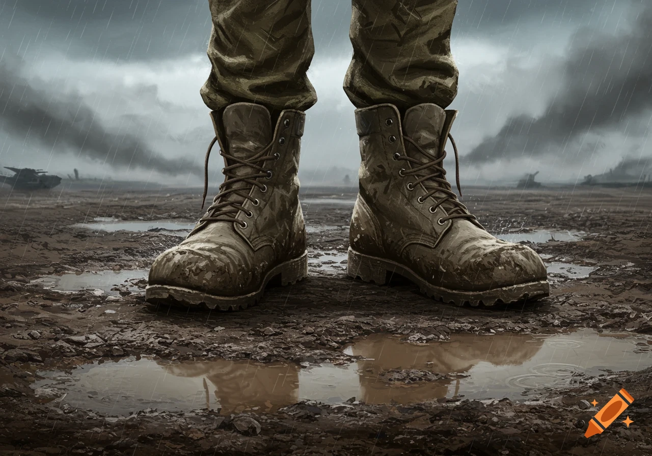 Close-up of muddy military boots and pants standing in a wet, muddy field under heavy rain with a desolate background.