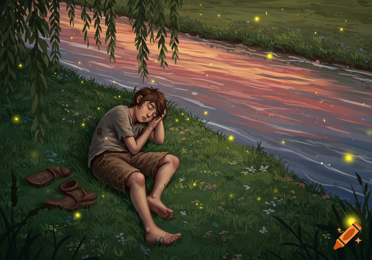 An illustrated scrawny barefoot teenage boy sleeps peacefully by a river under a willow tree, surrounded by glowing fireflies.