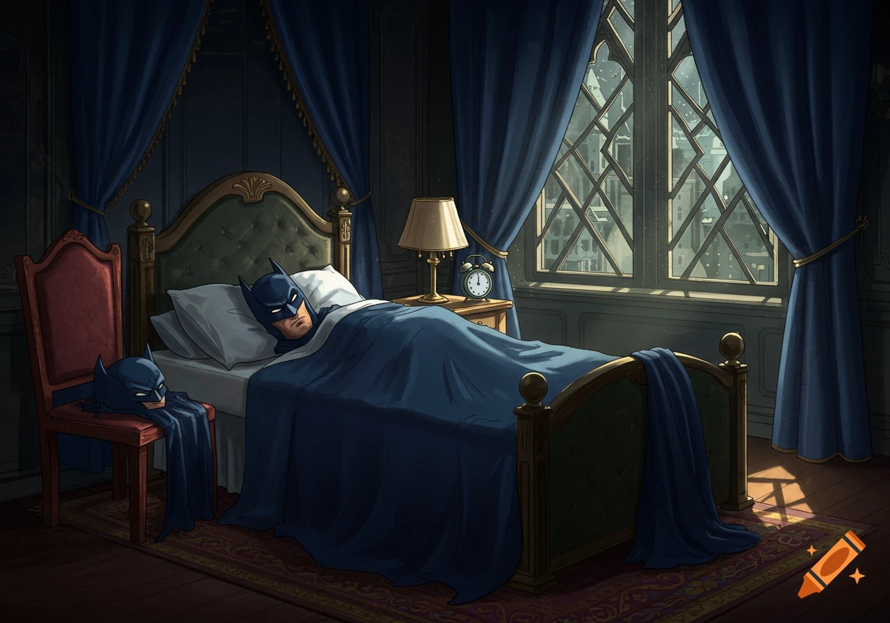 Batman sleeps in a grand bedroom with his cowl on, an alarm clock on the nightstand, and another cowl on a nearby chair.