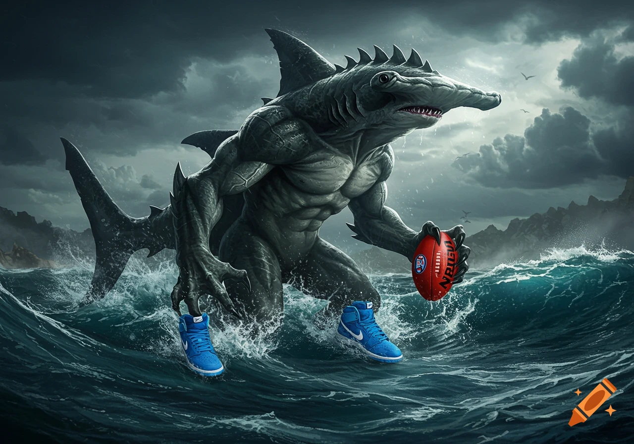 A muscular hammerhead shark sea monster, wearing blue Nike sneakers, emerges from stormy waves, holding a red AFL football.