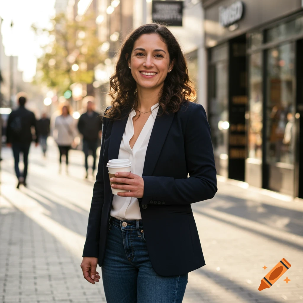 Smiling woman in a navy blazer and jeans, holding a coffee cup, walking on a sunny urban street.