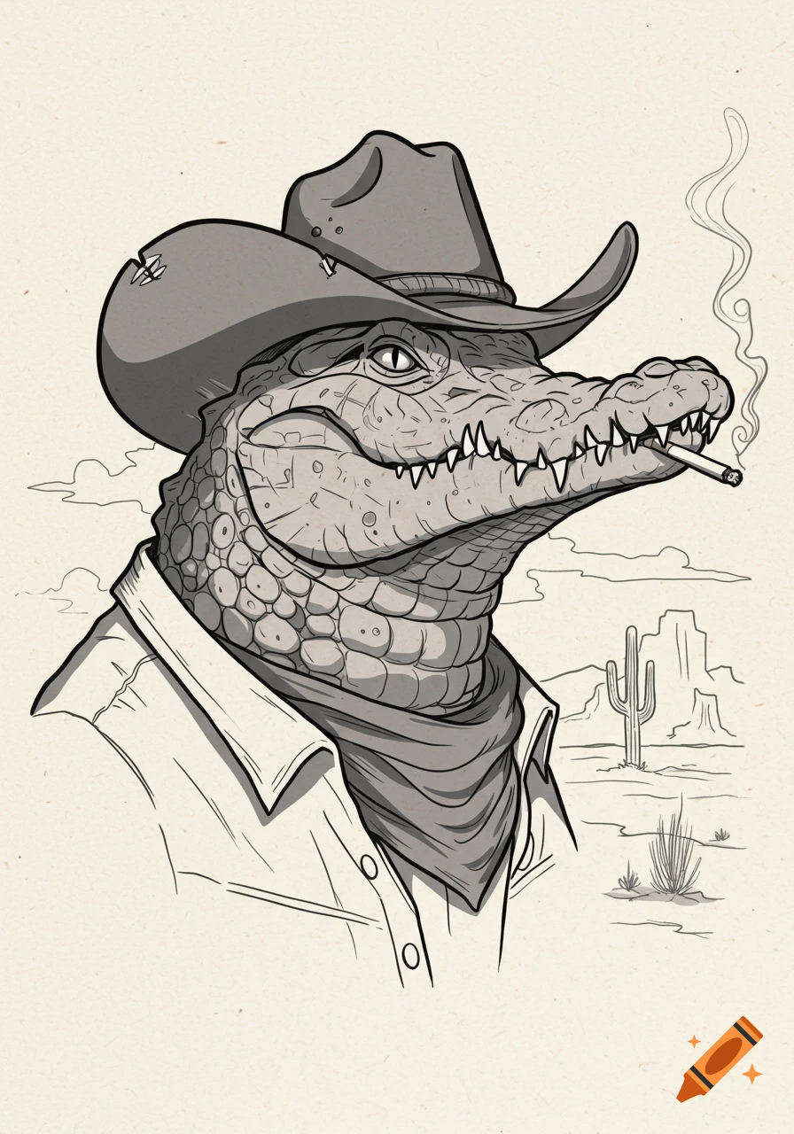 Grayscale illustration of a crocodile wearing a cowboy hat, smoking a cigarette in a desert background.