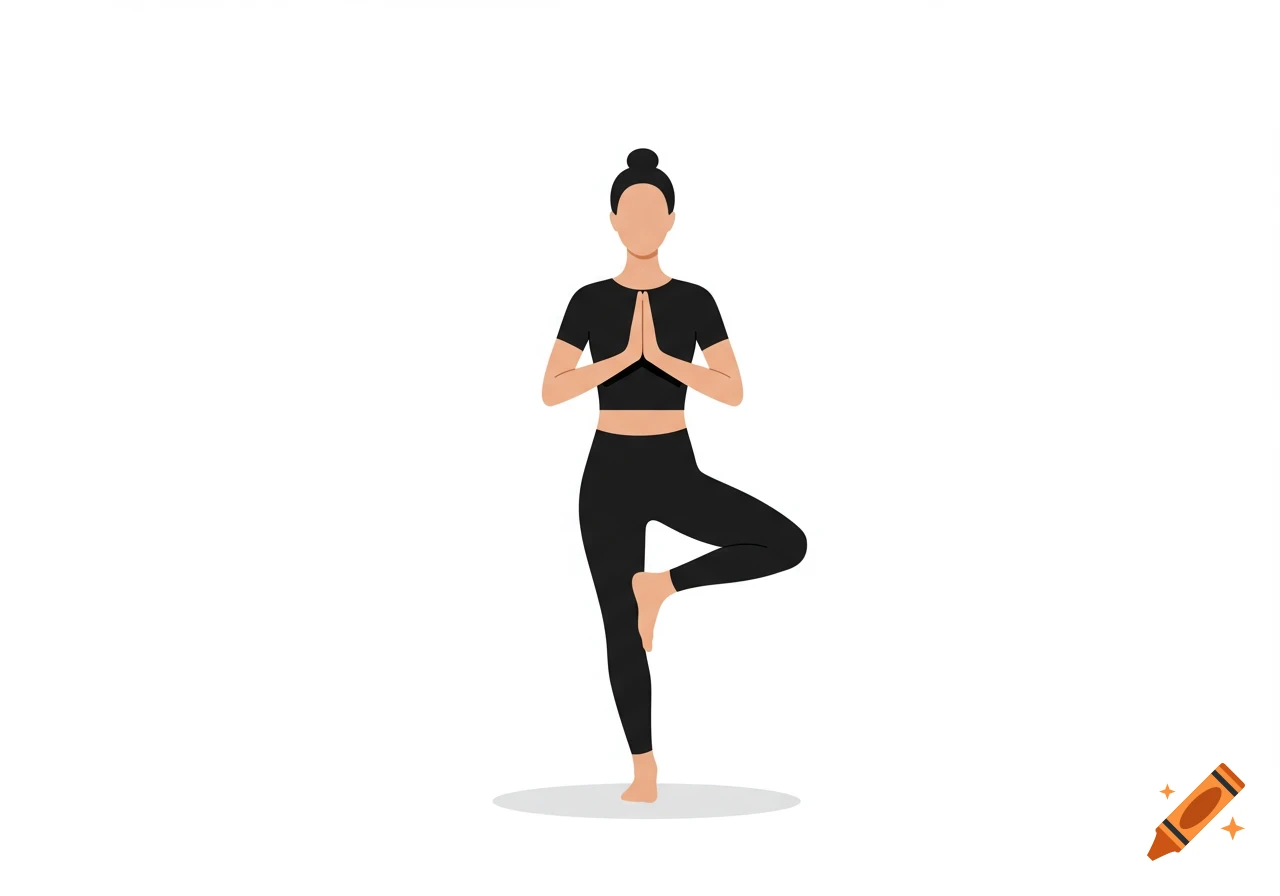 Flat vector illustration of a woman in black activewear performing a yoga Tree Pose on a white background.